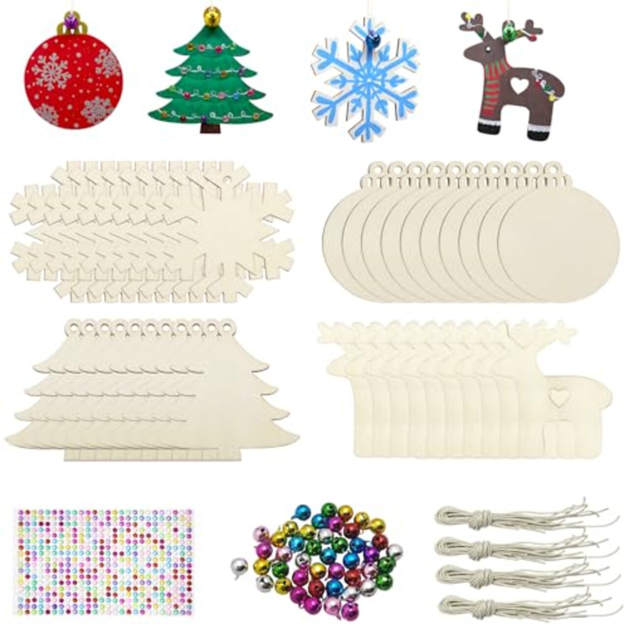 Hidreas 40 Pcs Wooden Ornaments Unfinished Christmas DIY Ornaments Craft  Kit, Christmas Wood Ornaments with Bells, Wax Rope and Rhinestone Stickers  for Children Arts and Crafts Supplies